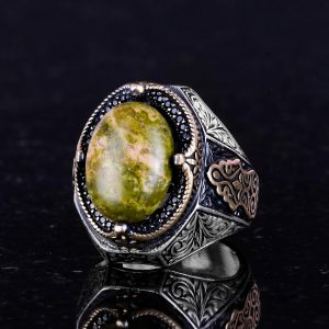 925 Ayar Katı Gümüş Erkek Yüzük - El Yapımı Unakite Taşı Yüzük, Sanatsal Tasarım - Görsel 5