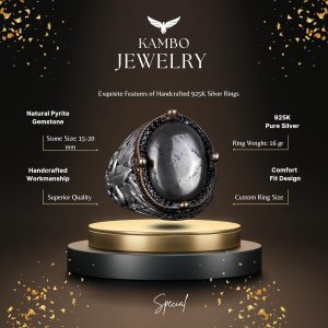 925 Ayar Gümüş El Yapımı Erkek Yüzük - Çeşitli Doğal Taşlarla Mevcut (Demir Pirit) - Görsel 7