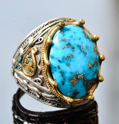 Erkekler için 925 Ayar Gümüş Sultan Yüzük - Doğal 10 Karat Arizona Turkuaz Taşı - Görsel 3