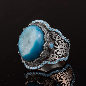 El Yapımı 925 Ayar Gümüş Erkek Yüzük - Doğal Taşlı (Drusy Kuvars) - Görsel 5