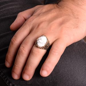 Denizci Çapa Gümüş Yüzük, Doğal Taş Yüzük, 925 Ayar Sterlin Gümüş Yüzük (Howlite) - Görsel 3