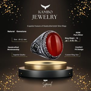 Gerçek Doğal Taş Yüzük, 925 Ayar Gümüş Erkek Yüzüğü, Erkekler İçin Doğum Taşı Yüzüğü - Görsel 2