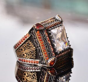 Sert Gümüş Erkek Yüzük - Yapay Kristal Taş - Vintage Tasarım - Görsel 4