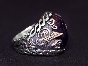 925 Ayar Gümüş Erkek Yüzük - Gece Yıldızı Mavi Yapay Taş - Şık El Yapımı Takı - Osmanlı İmparatorluğu Tugrası - Görsel 4