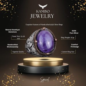 925 Ayar Gümüş El Yapımı Erkek Yüzük - Farklı Doğal Taşlarla Mevcuttur (Ametist) - Görsel 7