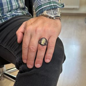 Gerçek Doğal Akik Taşı Yüzük - 925 Ayar Gümüş Erkek Yüzük - Yerli Kabile Figürlü - Özel Gravürlü Yüzük - Görsel 3