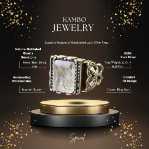 Gerçek Rutilat Kuvars Dikdörtgen Taş Yüzük, Gümüş Erkek Yüzüğü - Görsel 2