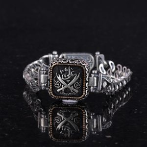 925 Ayar Gümüş Erkek Bilezik, Osmanlı Kılıcı ve Tuğra Tasarımı, El Yapımı Zincir Bilezik - Görsel 4