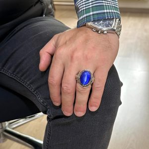 Mavi Kedi Gözlü Taş Yüzük, Aslan Sembolü Erkek Yüzüğü, 925 Ayar Gümüş Tasarım Erkek Yüzüğü - Görsel 3