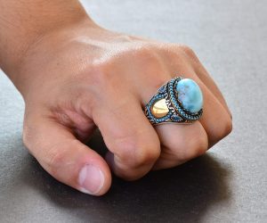 Doğal Larimar Taşı El Yapımı Yüzük - Gümüş Erkek Yüzüğü, Gümüş Aksesuar - Görsel 7