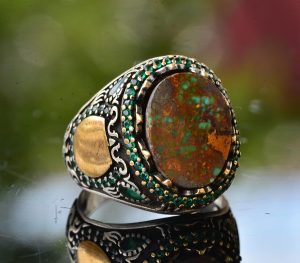 Gerçek Doğal Arizona Turkuaz Taş Yüzük, Minimalist Yüzük, 925 Ayar Gümüş Erkek Yüzük (Model-10) - Görsel 3