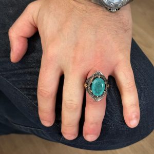 El Yapımı Vintage Erkek Yüzüğü - 925 Ayar Gümüş ile Üretilmiş Paraiba Taşı, Artisan Takı - Görsel 3