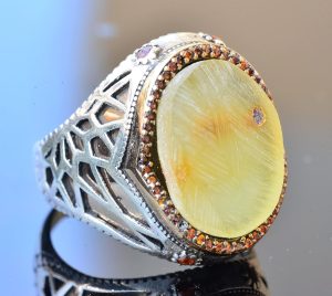 Doğal Amber Taş Yüzük - Gerçek Doğal Taş, Ham Taş, 925 Ayar Gümüş Erkek Yüzük - Görsel 3