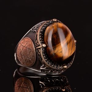 Doğal Taş Yüzük | Davut Yıldızı Erkek Yüzüğü | 925K Gümüş Erkek Yüzüğü | Kaplan Gözü ile Cesur Tasarım - Görsel 4