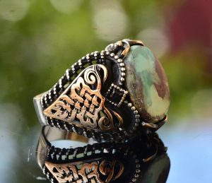 Erkekler için Yeşil Turkuaz Taş Yüzük, 925 Ayar Gümüş ile Vintage Orta Doğu Tasarımı (Stil-1) - Görsel 3