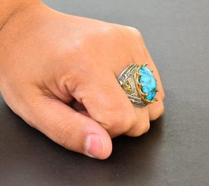Erkekler için 925 Ayar Gümüş Sultan Yüzük - Doğal 10 Karat Arizona Turkuaz Taşı - Görsel 7
