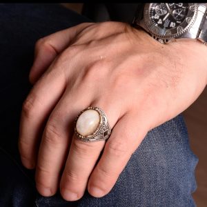 Vintage Erkek 925 Ayar Gümüş Yüzük Druzy Kuvars: Yeşil, Kırmızı, Lacivert, Bej, Siyah (Bej) - Görsel 3