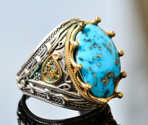 Erkekler için 925 Ayar Gümüş Sultan Yüzük - Doğal 10 Karat Arizona Turkuaz Taşı - Görsel 4