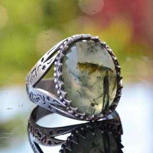 Gerçek Prehnit Doğal Taş Yüzük, Erkekler için İslami Yüzük, 925 Ayar Gümüş - Görsel 7