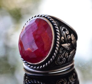 925 Ayar Gümüş Erkek Yüzük Doğal Yakut Taşı ile - Görsel 3