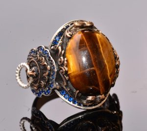 El Yapımı 925 Ayar Gümüş Erkek Yüzük, Gerçek Taşlı Yüzük, Aslan Tasarımı, Altın Kaplama Doğum Taşı Yüzüğü (Kaplan Gözü) - Görsel 4