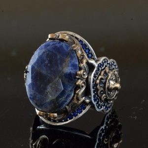 925 Ayar Gümüş Erkek Yüzük, Doğal Sodalit Taşı ve Aslan Tasarımı ile - Görsel 3