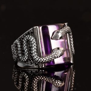 925 Ayar Gümüş Erkek Yüzük, Yılan Yüzük, Yılan Takısı, El Yapımı Erkek Yüzük, Oluşturulmuş Ametist Taşı Yüzük - Görsel 4