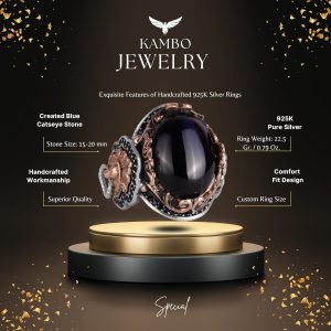 925 Ayar Gümüş Erkek Yüzük - Koyu Mavi Kedi Gözü Yapay Taş - Aslan Sembolü El Yapımı Yüzük - Görsel 2