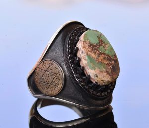 Gerçek Arizona Turkuaz Taş Yüzük, 11.00 Karat, David of Star Yüzüğü, 925 Ayar Gümüş Erkek Yüzük - Görsel 4