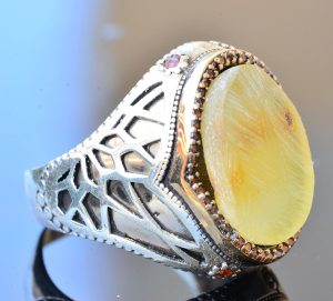 Doğal Amber Taş Yüzük - Gerçek Doğal Taş, Ham Taş, 925 Ayar Gümüş Erkek Yüzük - Görsel 4