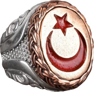 925 Ayar Gümüş Erkek Yüzük, Bronz Hilal ve Yıldız ile Osmanlı Tarzı Türk Yüzük, Bronz Taş Tasarımı - Görsel 1