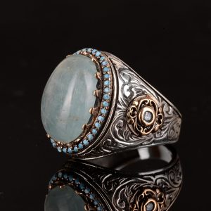 925 Ayar Gümüş Doğal Akuamarin Taşlı Erkek Yüzük - El Yapımı Kral Takı - Görsel 4