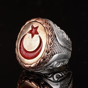 925 Ayar Gümüş Erkek Yüzük, Bronz Hilal ve Yıldız ile Osmanlı Tarzı Türk Yüzük, Bronz Taş Tasarımı - Görsel 3