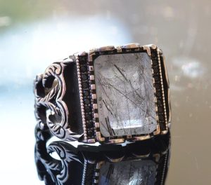 Gerçek Rutilat Kuvars Dikdörtgen Taş Yüzük, Gümüş Erkek Yüzüğü - Görsel 3