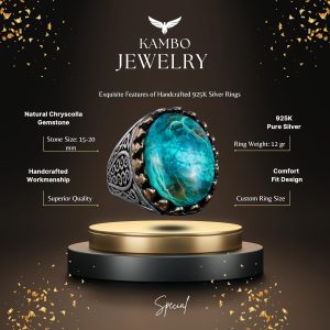 925K Katı Sterlin Gümüş Erkek Yüzüğü Doğal Taşlarla - El Yapımı Şıklık (Krisokolla Taşı) - Görsel 5