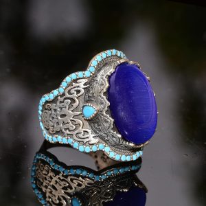 El Yapımı Mavi Kedi Gözü Yüzük Turkuaz Yapay Taş  ile - 925 Ayar Gümüş Erkek Takısı - Görsel 4