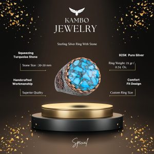 Gerçek Doğal Turkuaz Taşlı Gümüş Erkek Yüzük - Vintage Tasarım - Görsel 2