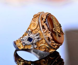 Mason Yüzüğü - Usta Mason Sterling Gümüş Yüzük, Kaplan Gözü Taşı, Altın Kaplama - Görsel 4