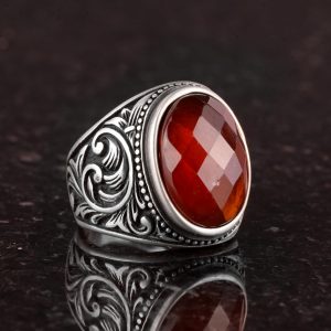 Gerçek Doğal Granat Taşı Yüzük, 925 Ayar Sterlin Gümüş Yüzük, Erkekler İçin Doğum Taşı Yüzüğü - Görsel 4