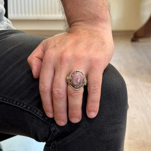 El Yapımı Gerçek Doğal Rodonit Taşı Yüzük, 925 Ayar Sert Gümüş Yüzük, Aslan Başı Erkek Yüzüğü - Görsel 3