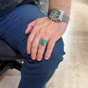 925K Saf Gümüş Erkek Yüzük, El Yapımı Doğal Zümrüt Taşlı Yüzük, Tasarım Gümüş Erkek Yüzük - Görsel 3