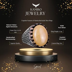 925K Katı Gümüş Erkek Yüzüğü Doğal Taşlarla - El Yapımı Zarafet (Sarı Akik Taşı) - Görsel 6