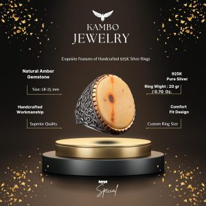 Gerçek Doğal Amber Taş Yüzük, Büyük Yüzük, 925 Ayar Gümüş Yüzük Erkekler İçin - Görsel 2