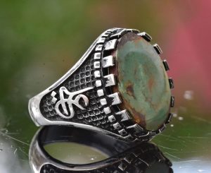 Gerçek Arizona Turkuaz Taş Yüzük, Ali Yazılı Yüzük, Müslüman Yüzük, 925 Ayar Gümüş Yüzük - Görsel 4