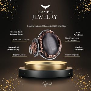 925 Ayar Gümüş Erkek Yüzük - Siyah Kedi Gözü Yapay Taş - Aslan Sembolü El Yapımı Yüzük - Görsel 2