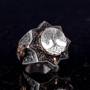 Ağaç Hayatı Gümüş Erkek Yüzük, 925 Ayar Gümüş Yüzük, El Yapımı Yggdrasil Ağaç Hayatı Yüzüğü - Görsel 4