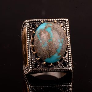 925 Ayar Gümüş Erkek Yüzük, Kare Tasarım ve Doğal Turkuaz Taşı, El Yapımı Gümüş Yüzük - Görsel 5