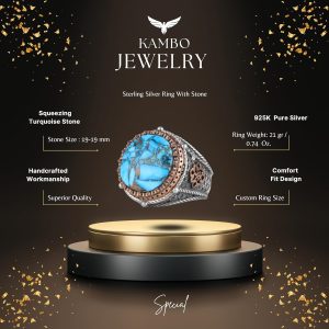 Gerçek Doğal Turkuaz Taşı ile Üretilmiş Gümüş Erkek Yüzük, Ayrıntılı Bronz Kaplama Aksamlar - Görsel 2