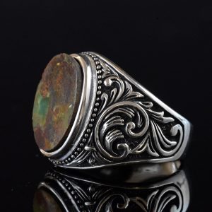 Doğal Arizona Yeşil Turkuaz Taş Yüzük, Vintage Tasarım - 925 Ayar Gümüş Erkek Yüzüğü, El Yapımı Şıklık (Model-2) - Görsel 5