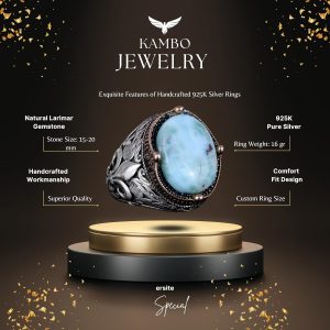 925K Ayar Gümüş El Yapımı Erkek Yüzük - Çeşitli Doğal Taşlarla (Larimar) Mevcut - Görsel 7
